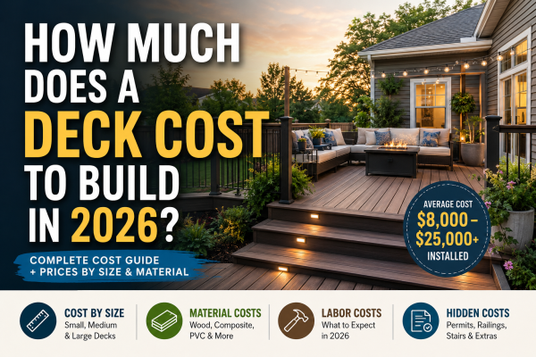 a deck with a deck and a fireplace